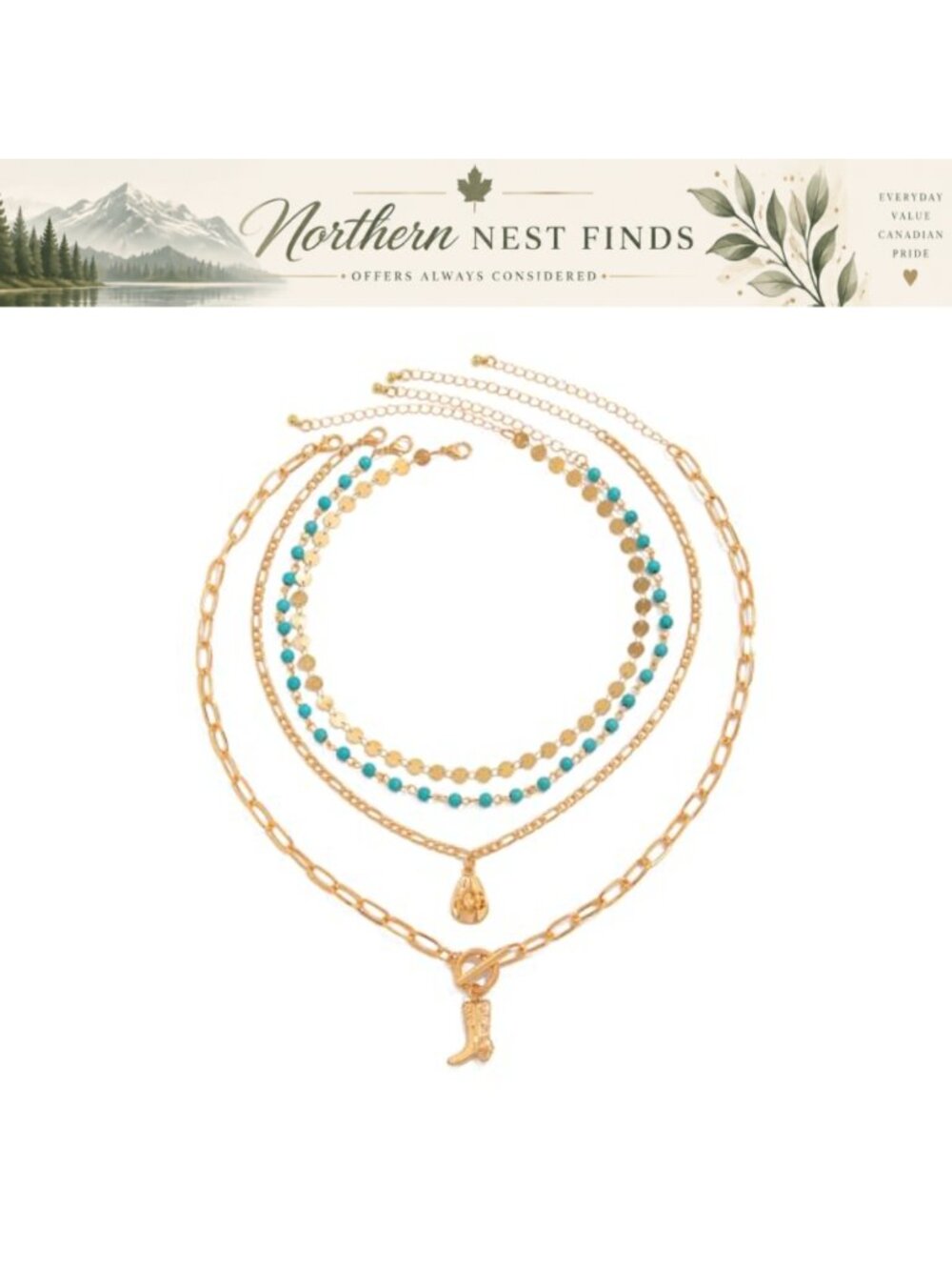 Layered Necklace Set Turquoise Beaded Paperclip Chain Western Pendants
